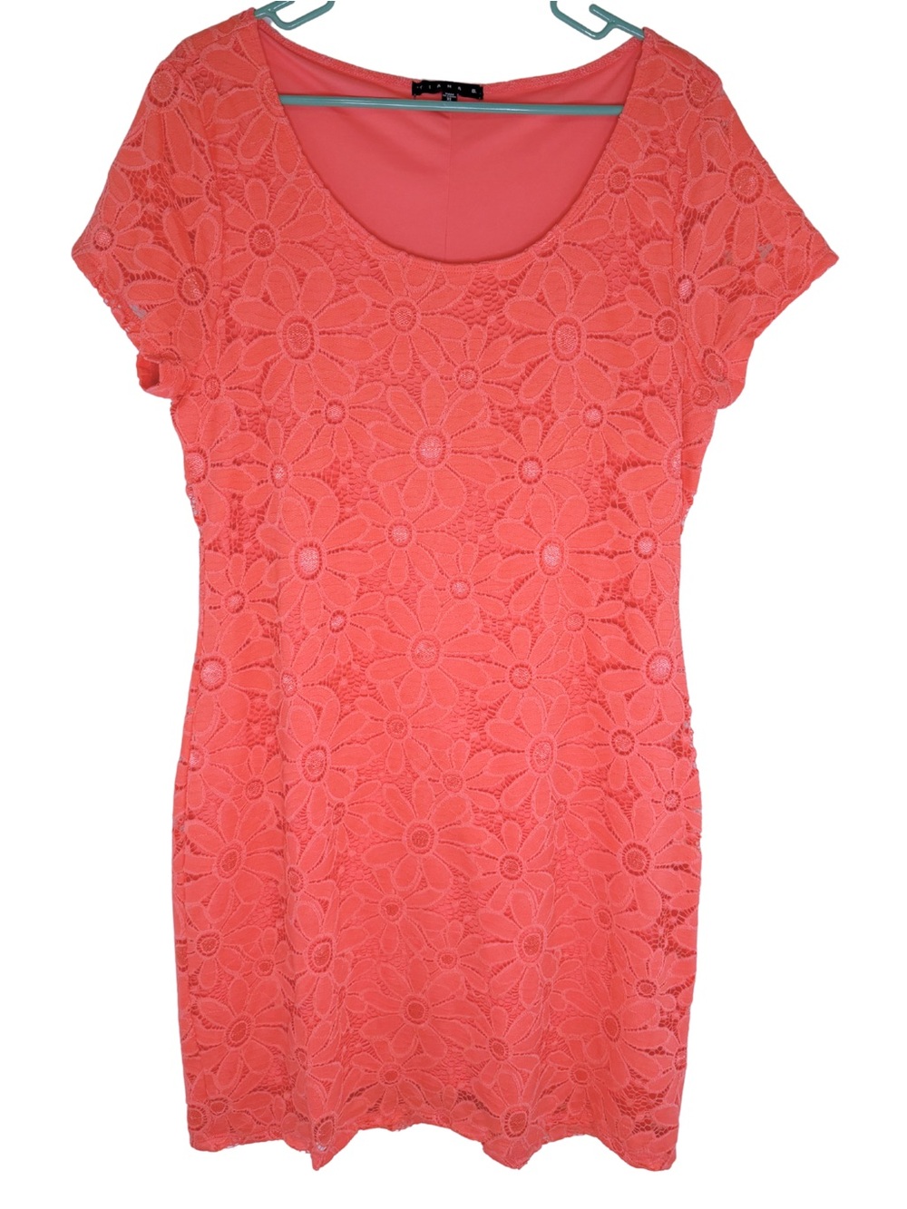 Tiana B. Coral Pink Floral Lace Short Sleeve Knee Length Dress